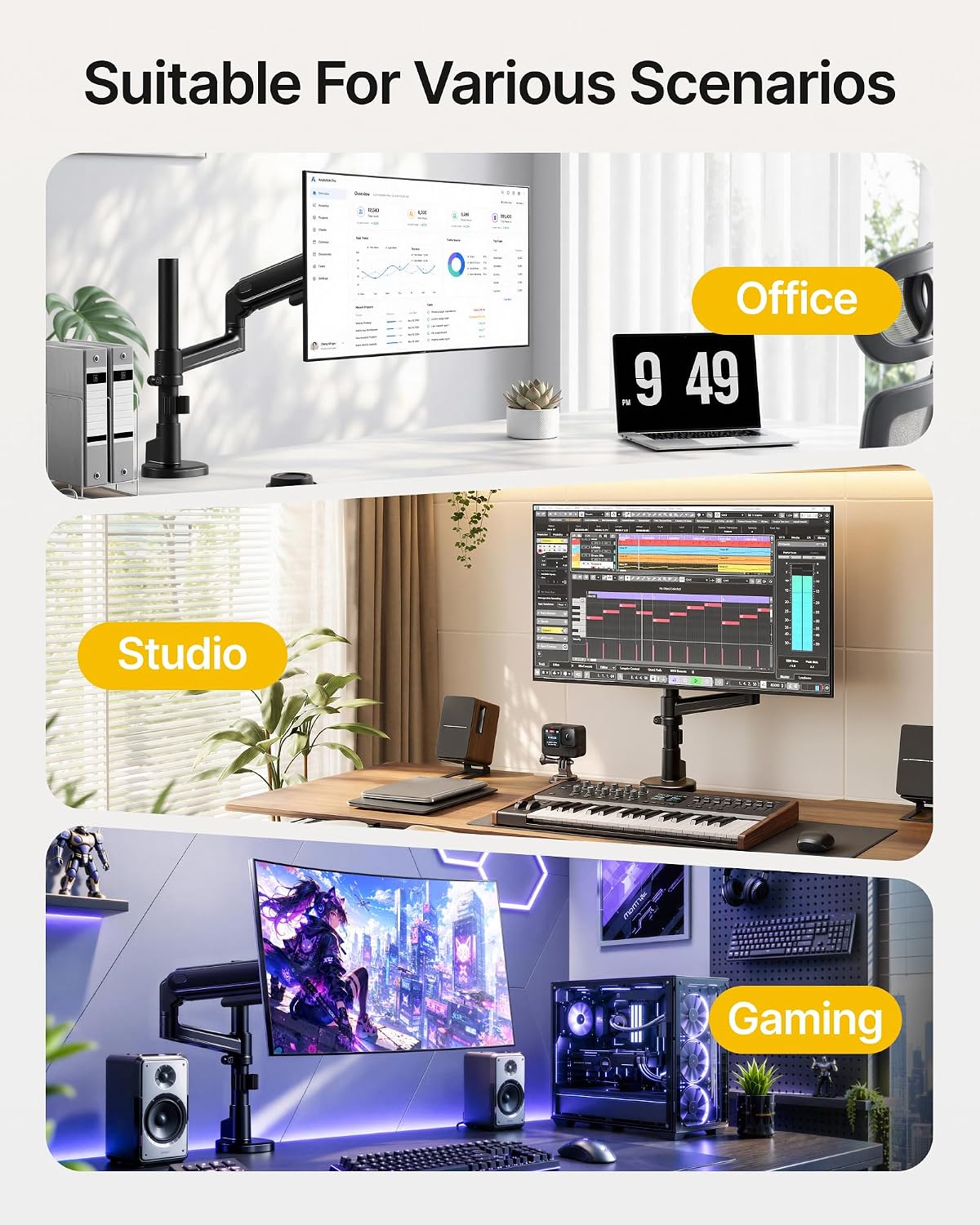 monTEK Single Monitor Arm with Pole, Aluminum Heavy-Duty Height Adjustable Desk Stand for 17″–40″ Ultrawide Computer Screens,Full Motions Arm Mechanical Spring Holds Up to 26.4lbs, VESA 75/100,Black