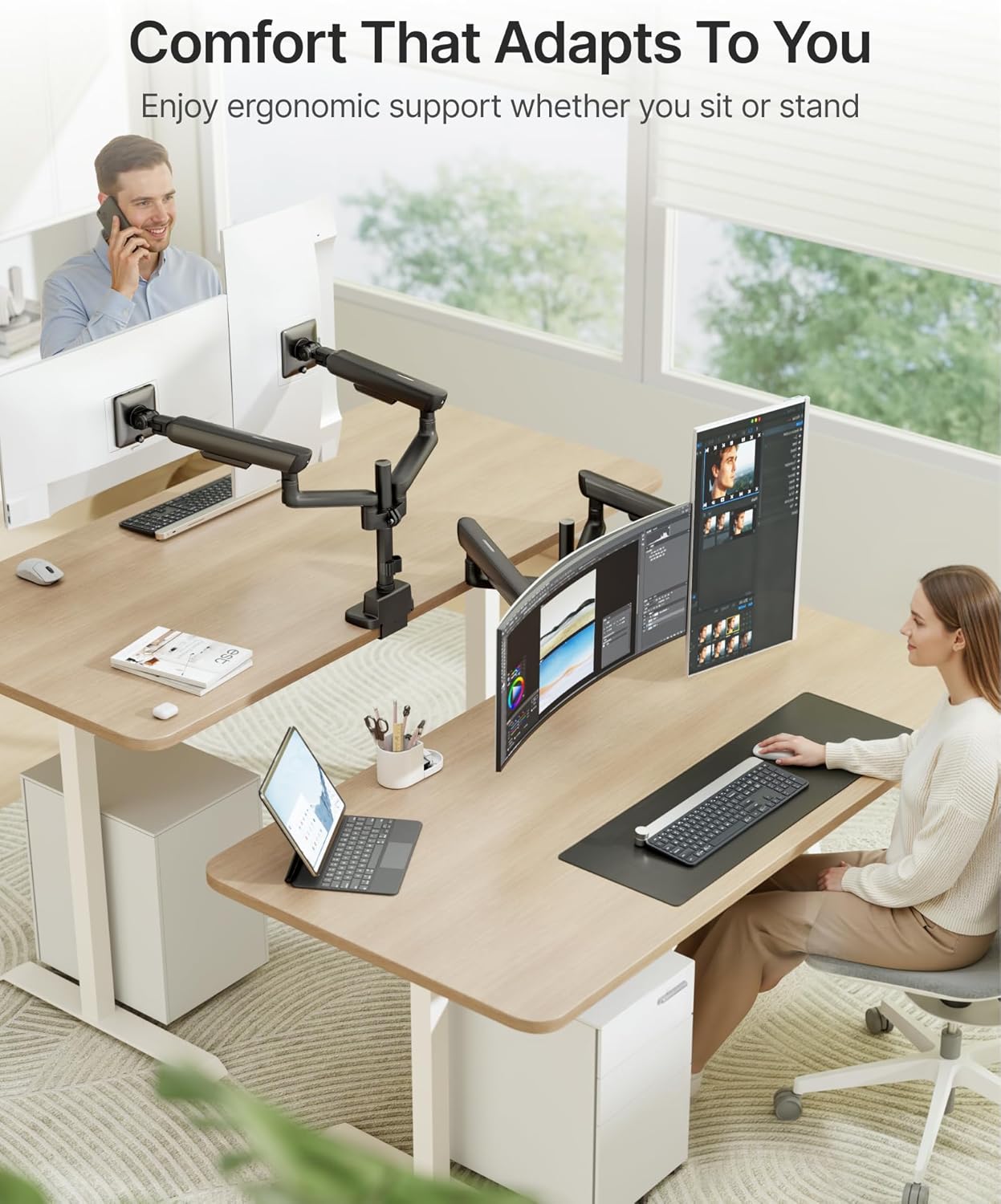 monTEK Dual Tall Monitor Arm with USB, Mechanical Spring Monitor Arm for 17-35" Screens, Adjustable Monitors Desk Mount Each Holds up to 24.2 lbs with C Clamp/Grommet, VESA 75/100mm, MA1011UCPBK-D