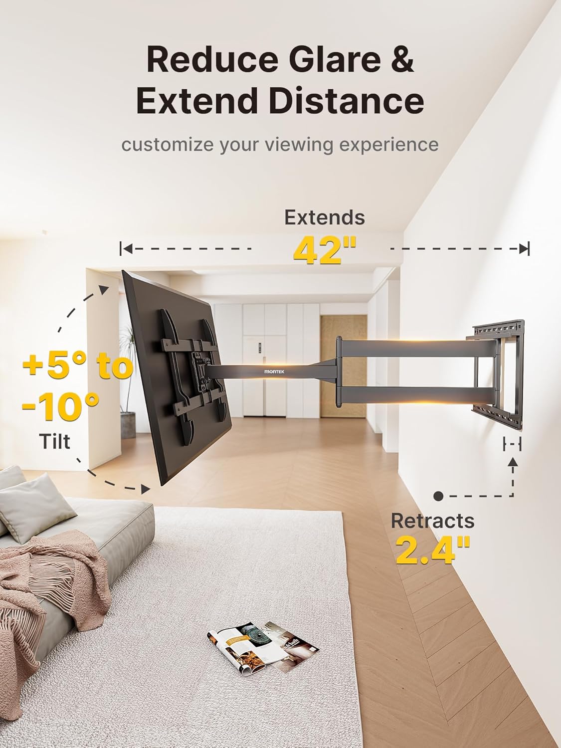 monTEK Long Arm TV Wall Mount for 43-80 Inch TVs, 42 Inch Extension, Swivel and Tilt, Full Motion, Max VESA 600 x 400mm, Up to 110 lbs, 16',18' Studs