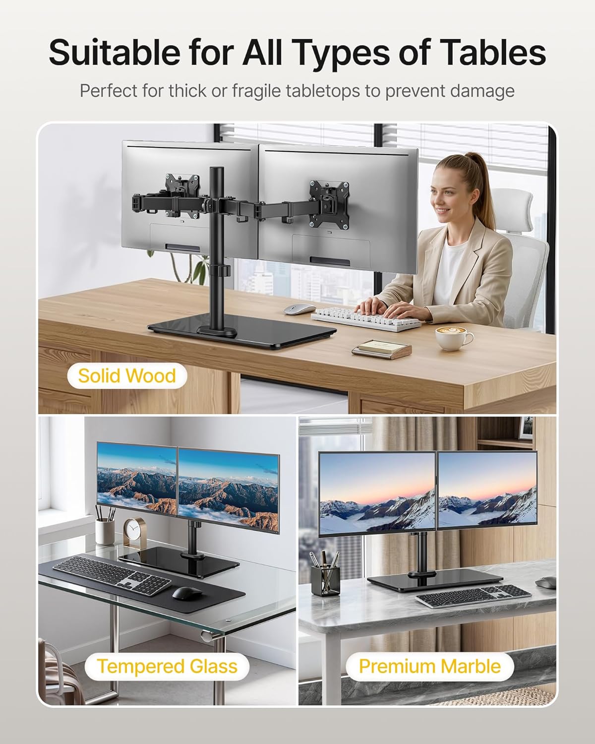 monTEK Freestanding Dual Monitor Stand with Sleek Glass Base for 17-32 inch Screens, Heavy-Duty Dual Monitor Mount Holds 22 lbs per Arm, Fully Motion Height Adjustable, VESA 75/100 MM