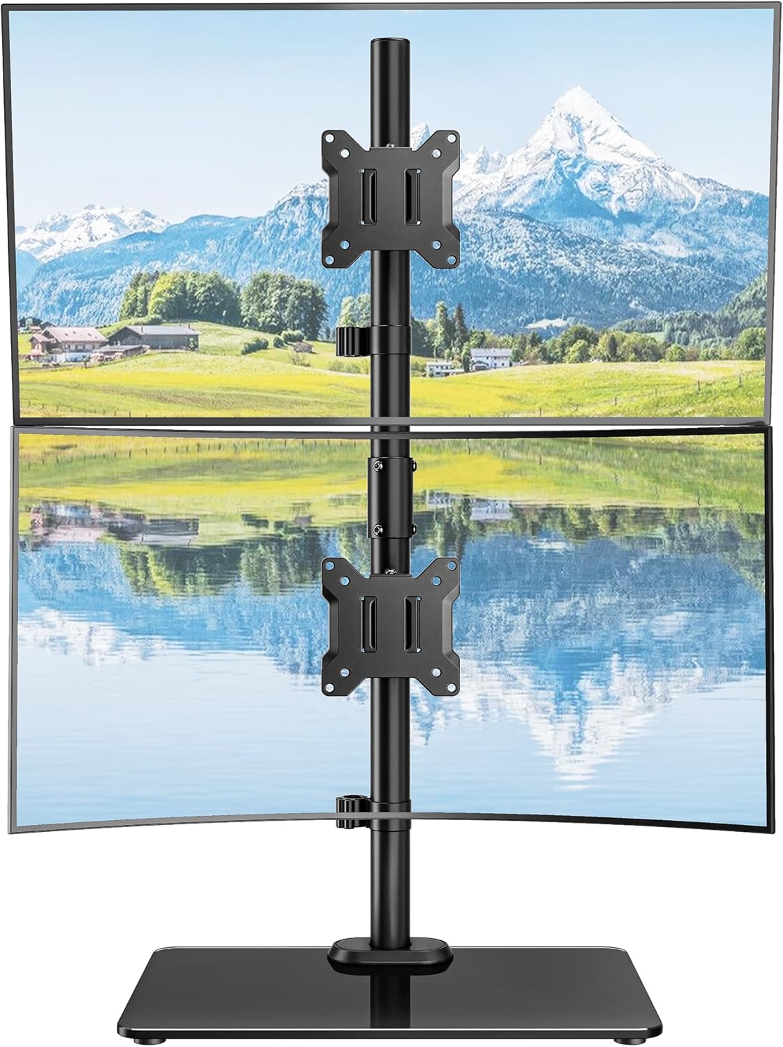 monTEK Vertical Dual Monitor Stand with Sleek Glass Base for 17-32 inch Screens, Free-Standing Dual Monitor Mount Holds 22 lbs per Arm, Fully Motion Height Adjustable, VESA 75/100 MM