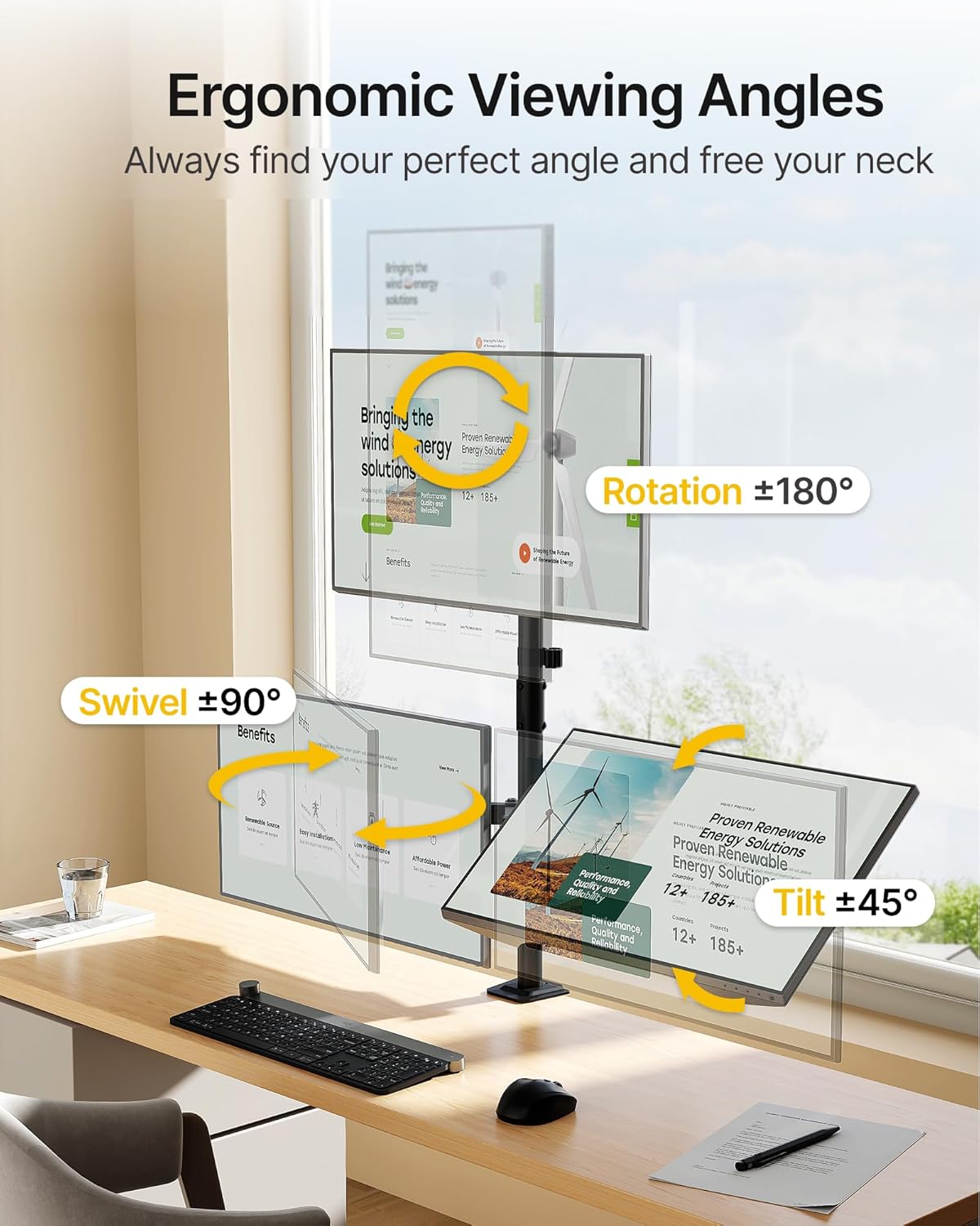 monTEK Triple Monitor Stand Mount, Fully Adjustable Desk Mount for 3 Screen up to 17”-32” and 22lbs Capacity Each Arm, Stable Monitor Arm with C Clamp and Grommet Base, VESA 75x75mm/100x100mm