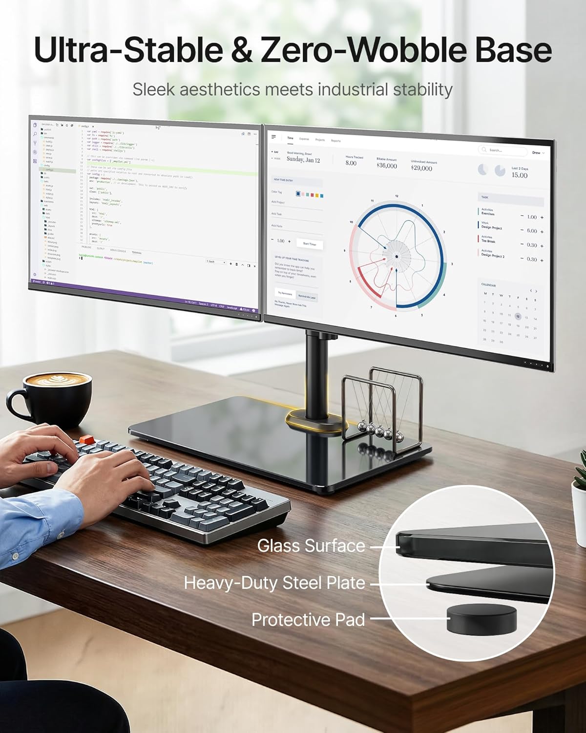 monTEK Freestanding Dual Monitor Stand with Sleek Glass Base for 17-32 inch Screens, Heavy-Duty Dual Monitor Mount Holds 22 lbs per Arm, Fully Motion Height Adjustable, VESA 75/100 MM