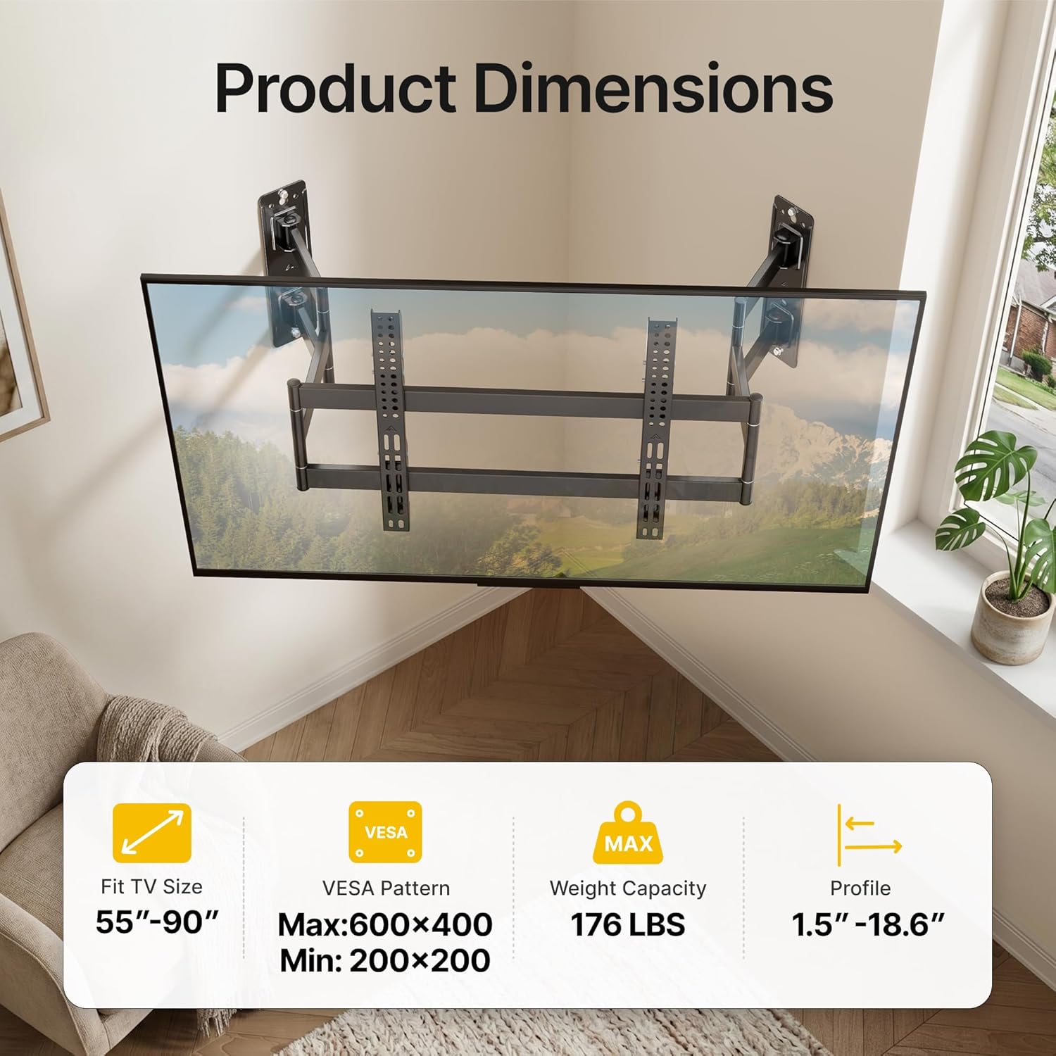 monTEK Full Motion Corner TV Wall Mount for 55-90 Inch LCD LED Flat Curved TVs, Heavy Duty TV Wall Mounts with 176lbs Weight Capacity, Dual TV Wall Arm Perfect for Corner, Bedroom, Max VESA 600x400mm