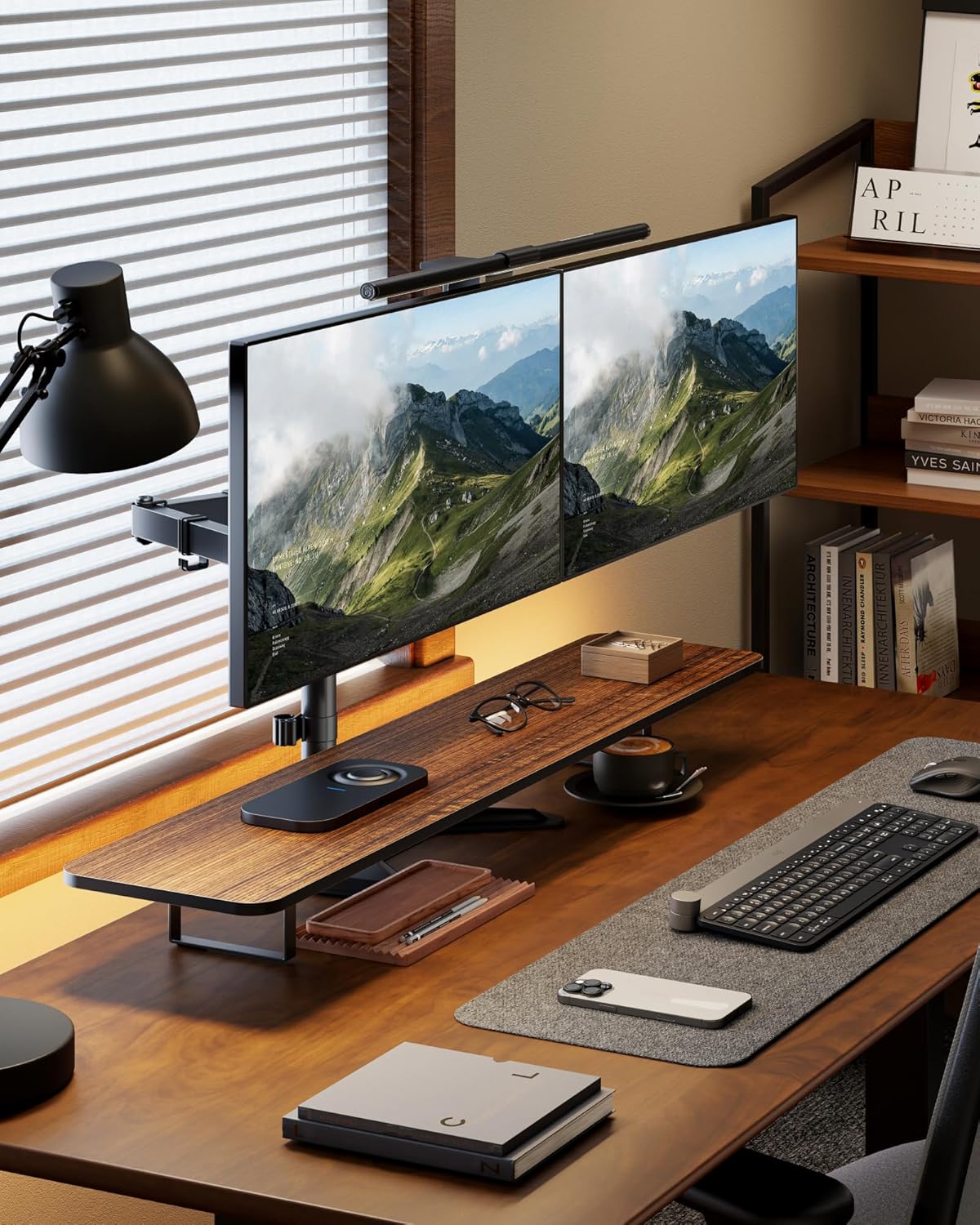 monTEK Stable Freestanding Dual Monitor Stand for 17–32” Computer Screens, Heavy-Duty Desk Mount with 22 lbs per Arm, Fully Adjustable Brackets and Arms, Solid V-Shaped Base, VESA 100×100mm Max