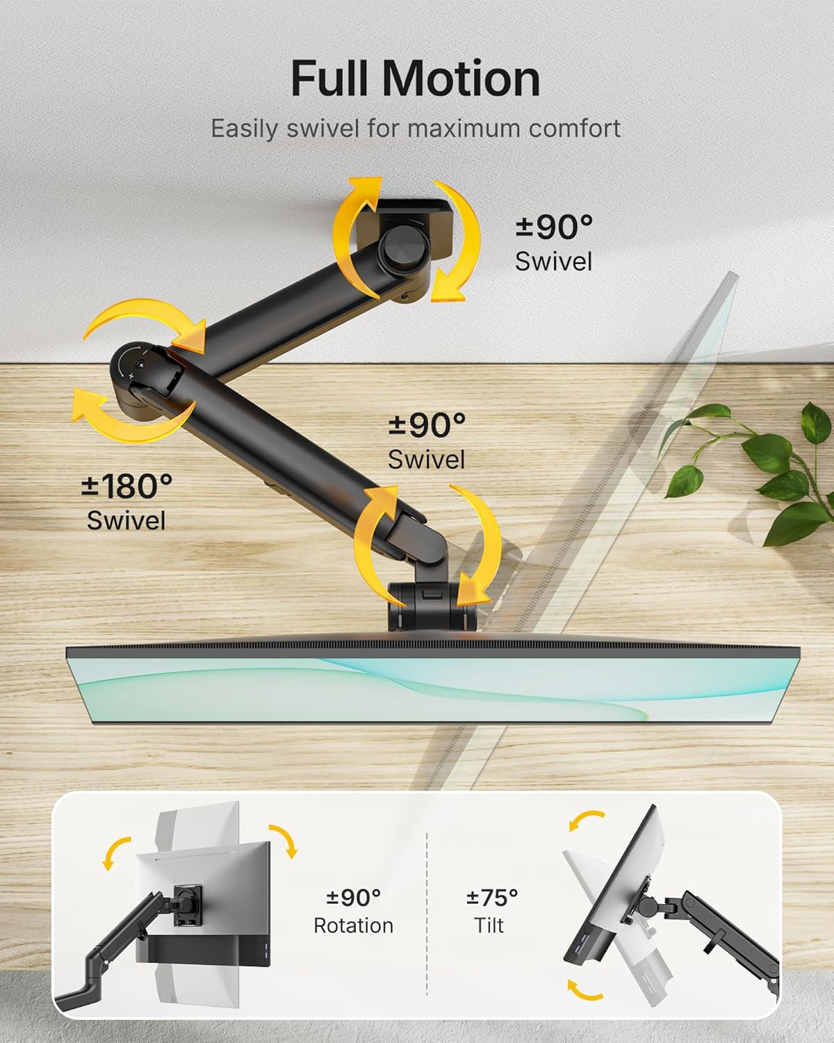 monTEK 17-49 inch Single Monitor Wall Mount for up to 44 lbs Ultrawide Screen, Premium Aluminum Heavy Duty Monitor Arm with Adjustable Gas Spring Arm, 75x75/100x100 VESA Mount, Black