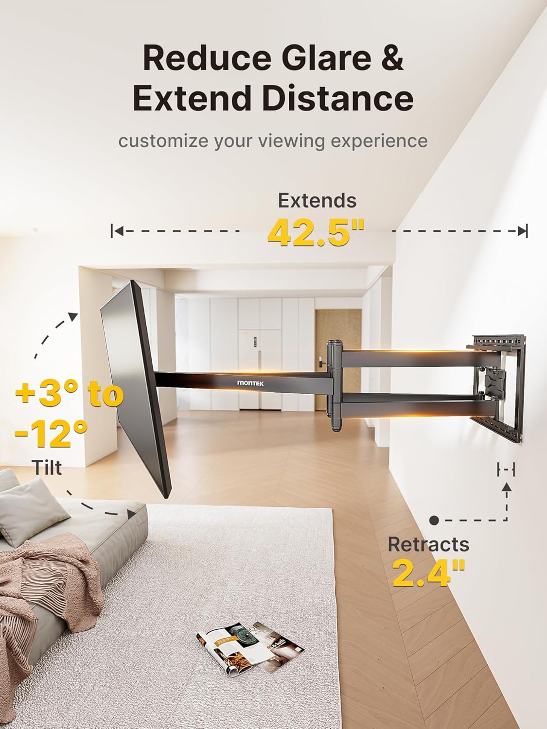monTEK Long Arm TV Wall Mount for 43-90 Inch TVs, 42.5 Inch Extension, Swivel and Tilt, Full Motion, VESA 800 x 400mm, 132 lbs, 16',18' Studs