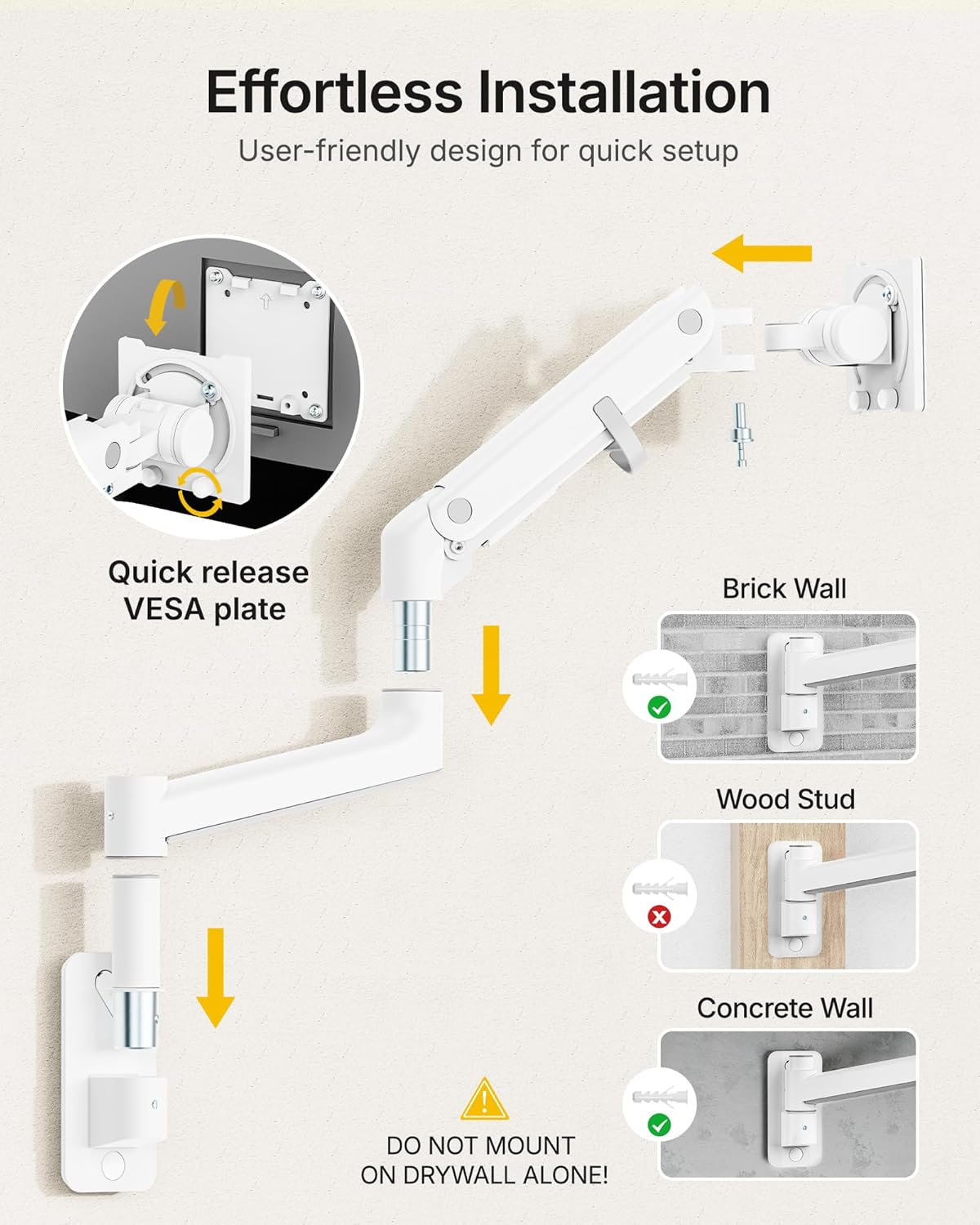 monTEK Monitor Wall Mount for 17-57“ up to 59.4 lbs Ultrawide Screens, Single Heavy-Duty Aluminum Gas Spring Monitor Arm with Full Motion Adjustment, VESA 75x75/100x100 Compatible, White
