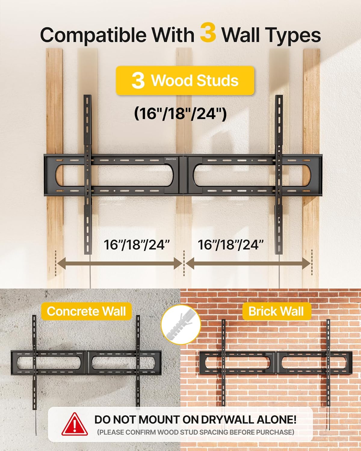 monTEK Heavy Duty XXL Fixed TV Wall Mount for 37–140" Flat & Curved TVs up to 300 lbs, 4× Load Tested, 1.25" Ultra Slim Low Profile Bracket, Fits 16"/18"/24" Wood Studs,VESA 1200×800mm TM1007W-XLF