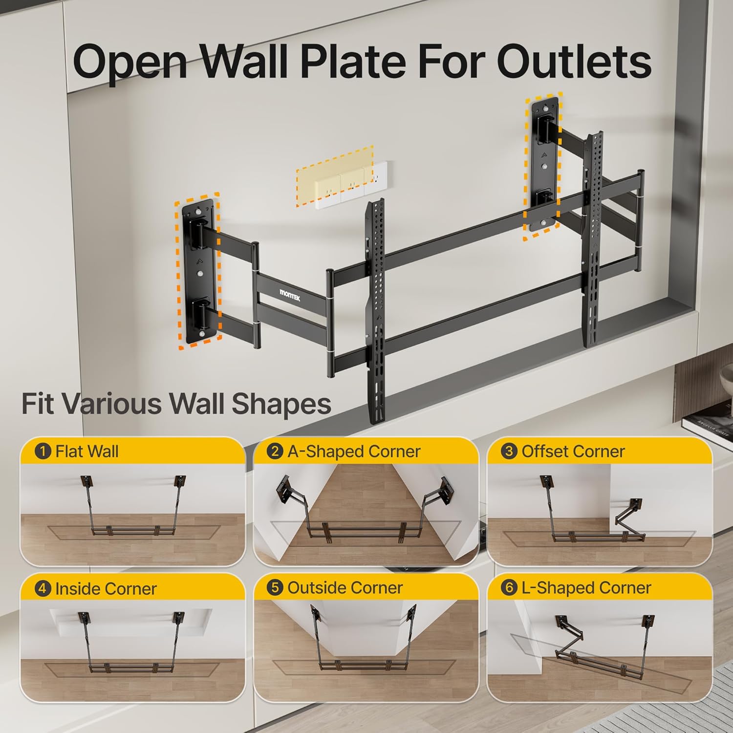 monTEK Heavy Duty Corner TV Wall Mount for 75-120 Inch Large TVs, Full Motion TV Bracket with Long Extension Articulating Arm, Dual TV Wall Arm up to 300lbs Perfect for Office, Max VESA 1000x600mm