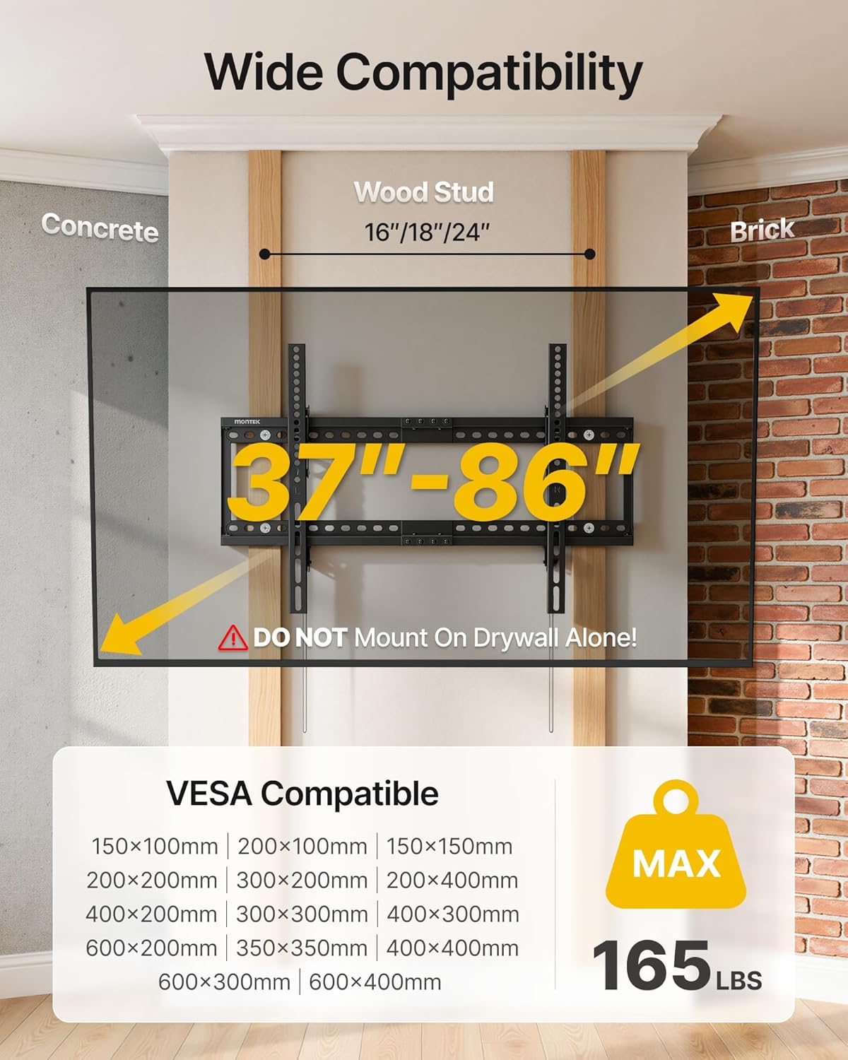 monTEK Heavy Duty TV Wall Mount Tilting Low Profile TV Bracket for 37-86 Inch Flat Screen Curved TVs, Anti-Glare Tilt TV Mount Fits 16"/18"/24" Studs, Max VESA 600x400mm, Holds up to 165 lbs