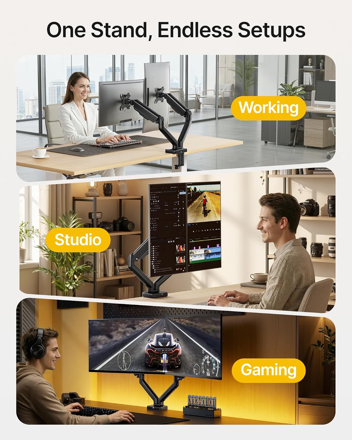 monTEK Heavy Duty Dual Monitor Arm with USB/Audio Ports for 17-32” Screens, Premium Mechanical Spring Monitor Arm up to 19.8 lbs, Full Motion Monitor Desk Mount, VESA 75/100 mm, Clamp/Grommet