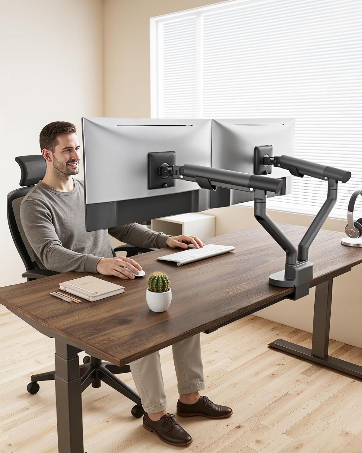 monTEK Dual Monitor Stand for 2 Screens 17 to 35 Inch, Heavy Duty Monitor Mount Arm, VESA Mount Desk Stand with C-Clamp/Grommet Base, Holds up to 24.3 lbs Per Arm, VESA 75/100mm, Gray, MA1010DG-D