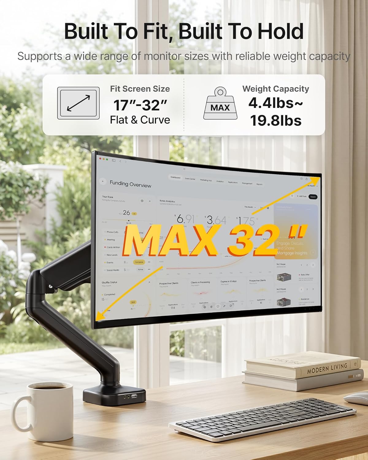 monTEK Heavy Duty Single Monitor Arm with USB/Audio Ports for 17-32” Screens, Premium Mechanical Spring Monitor Arm up to 19.8 lbs, Full Motion Monitor Desk Mount, VESA 75/100 mm, Clamp/Grommet