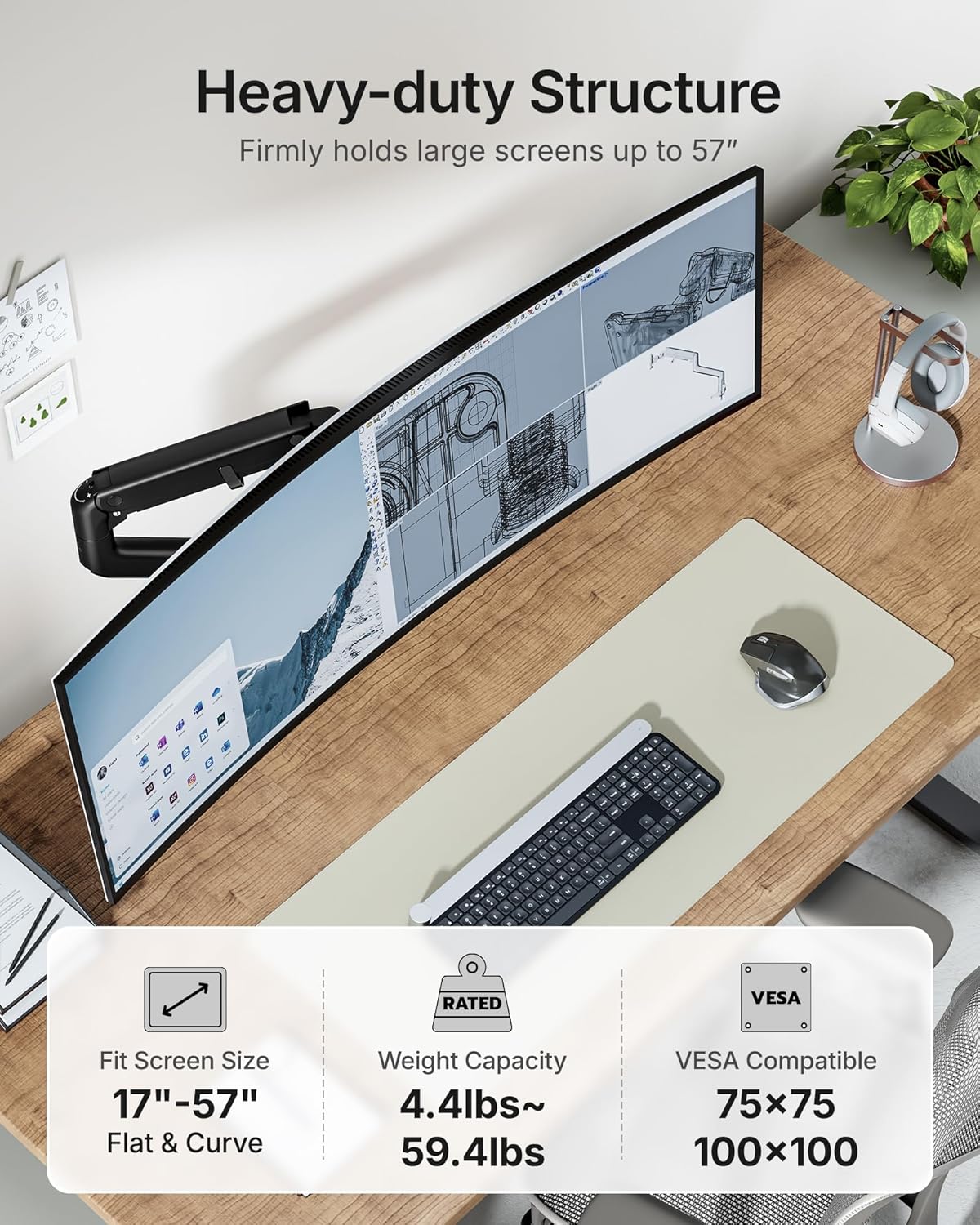 monTEK Single Monitor Arm with USB A/C, Ultrawide Monitor Stand for 17 to 57 Inch Curved Screen, Holds 59.4 lbs, Adjustable Gas Spring Arm, 75/100 VESA Mount, Clamp & Grommet Desk Mount, Black