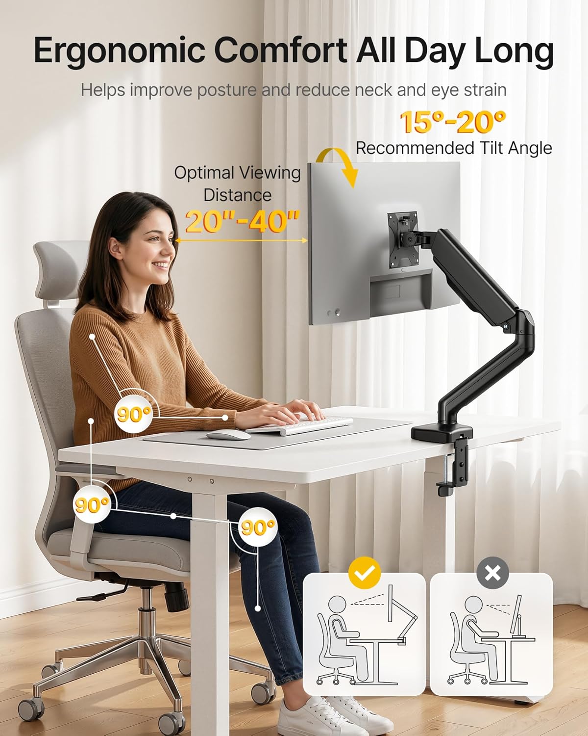 monTEK Heavy Duty Single Monitor Arm with USB/Audio Ports for 17-32” Screens, Premium Mechanical Spring Monitor Arm up to 19.8 lbs, Full Motion Monitor Desk Mount, VESA 75/100 mm, Clamp/Grommet