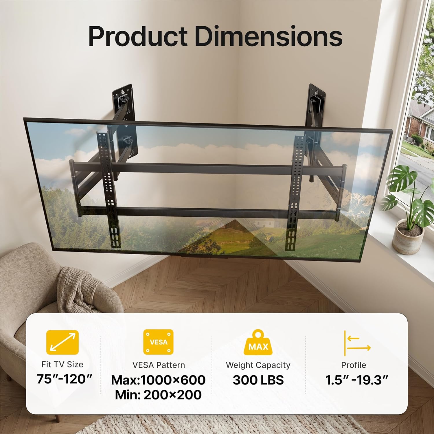 monTEK Heavy Duty Corner TV Wall Mount for 75-120 Inch Large TVs, Full Motion TV Bracket with Long Extension Articulating Arm, Dual TV Wall Arm up to 300lbs Perfect for Office, Max VESA 1000x600mm
