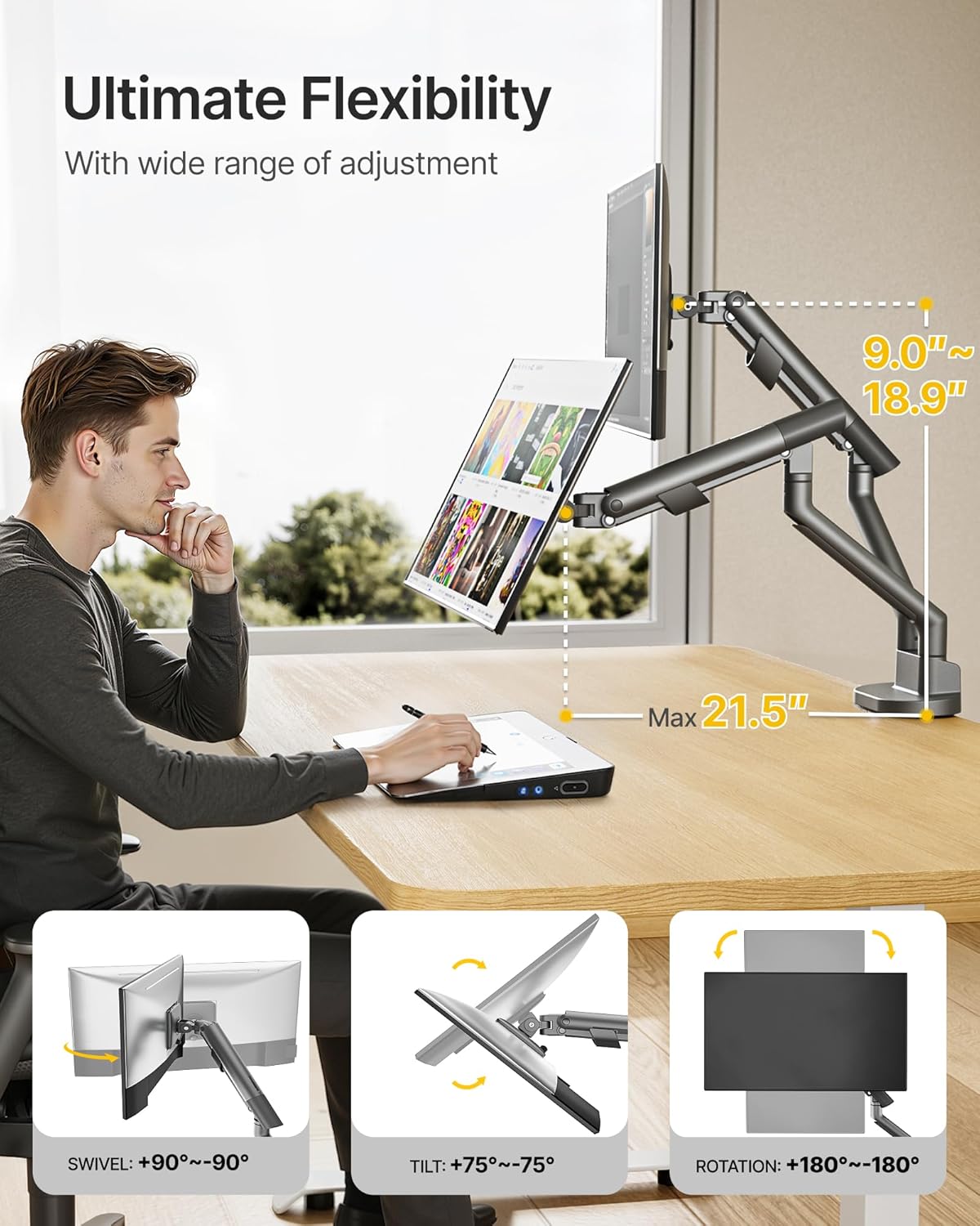 monTEK Dual Monitor Stand for 2 Screens 17 to 35 Inch, Heavy Duty Monitor Mount Arm, VESA Mount Desk Stand with C-Clamp/Grommet Base, Holds up to 24.3 lbs Per Arm, VESA 75/100mm, Gray, MA1010DG-D