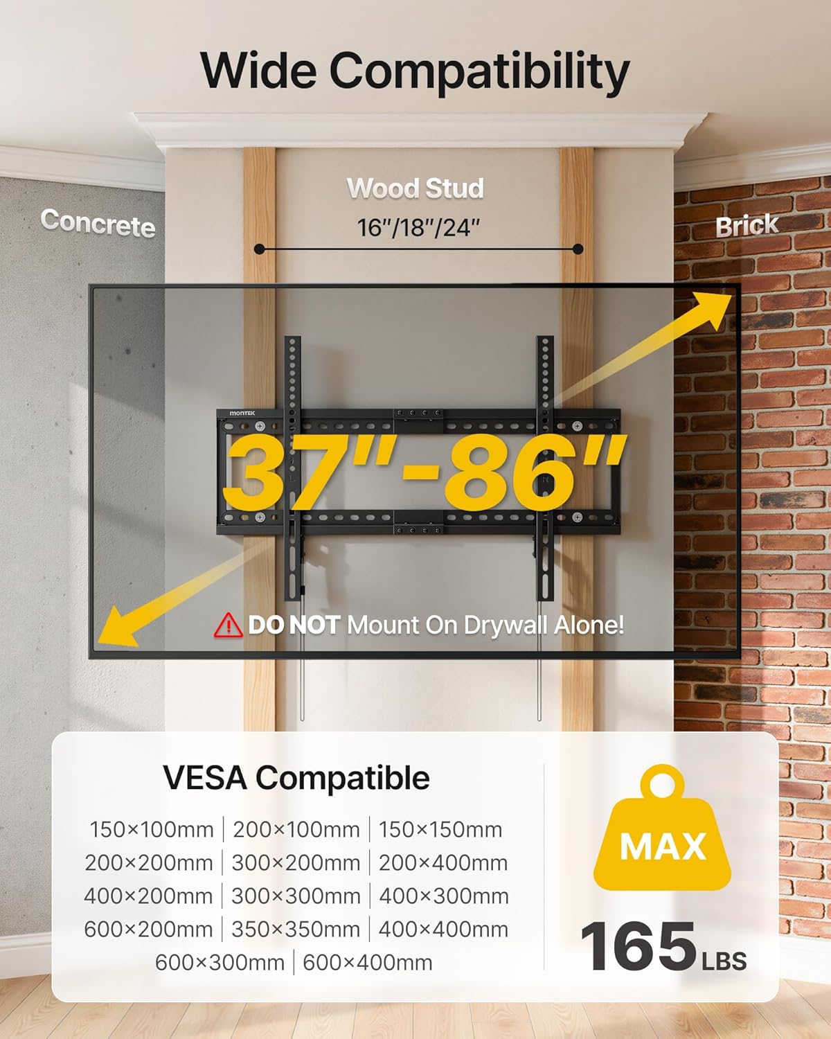 monTEK Fixed TV Wall Mount for 37-86 Inch Flat Curved TVs, Heavy Duty Low Profile Flush TV Mount Bracket Max VESA 600x400mm & 165 lbs Capacity, Fits 16"/18"/24" Wood Studs