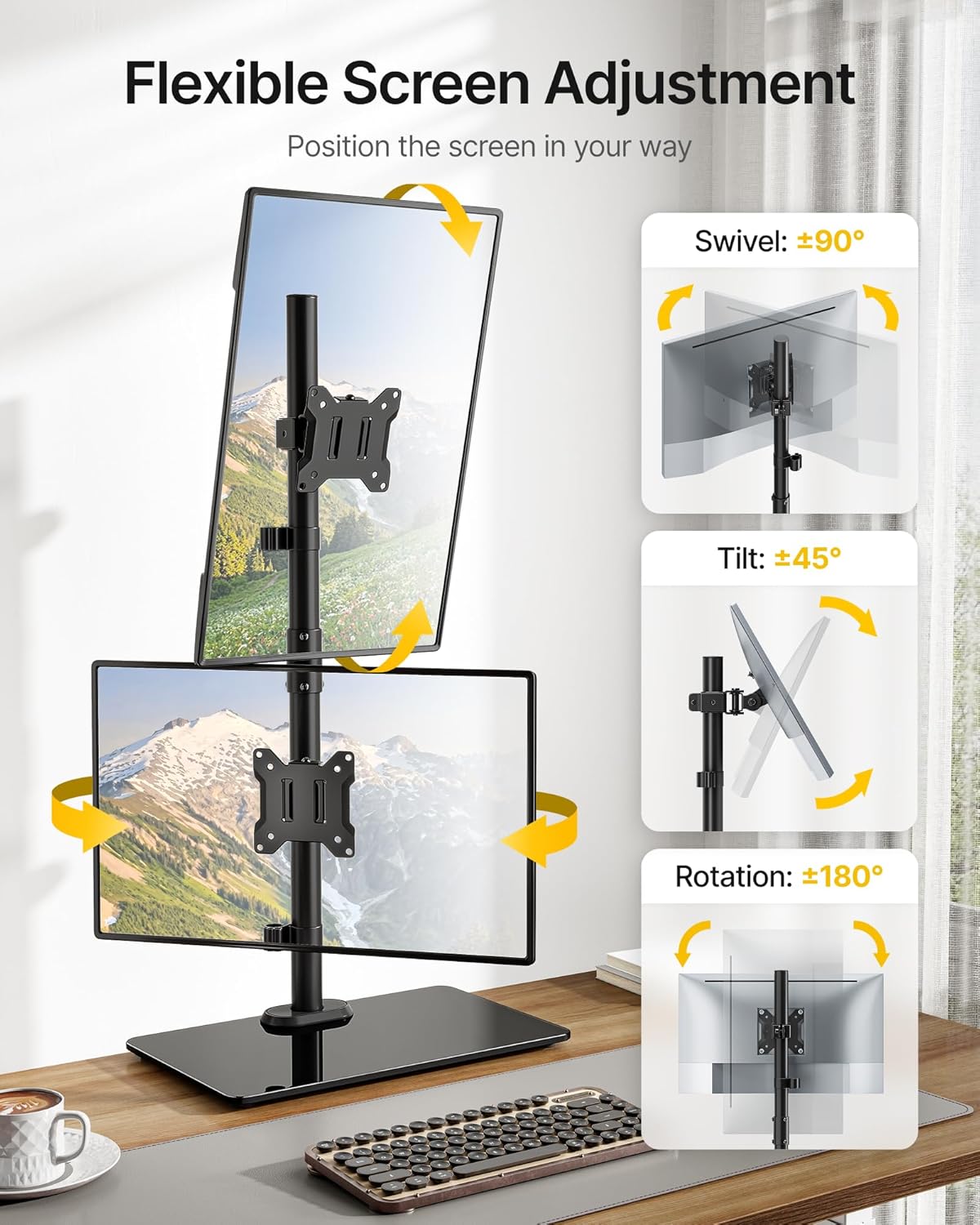 monTEK Vertical Dual Monitor Stand with Sleek Glass Base for 17-32 inch Screens, Free-Standing Dual Monitor Mount Holds 22 lbs per Arm, Fully Motion Height Adjustable, VESA 75/100 MM