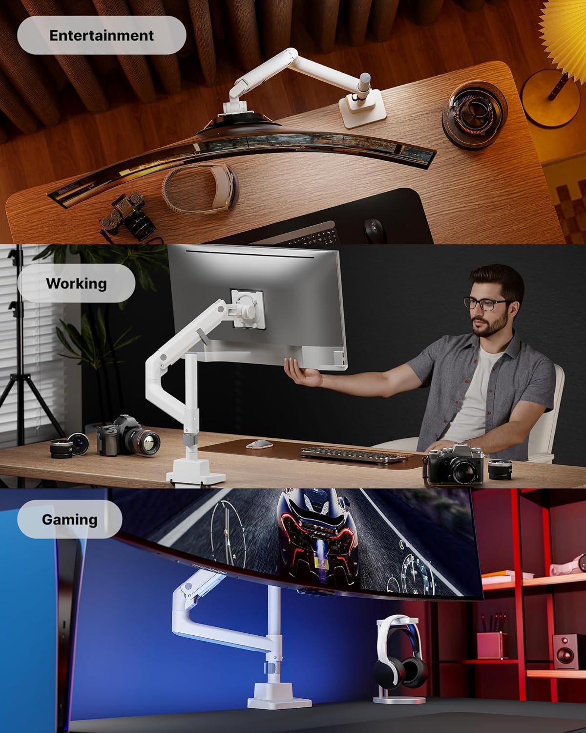 monTEK 17-57 Inch Ultrawide Monitor Arm for Up to 59.4lbs Screens, Aluminum Heavy-Duty Gas Spring Single Curved Screen Adjustable Monitor Stand,75/100mm Vesa Mount, White