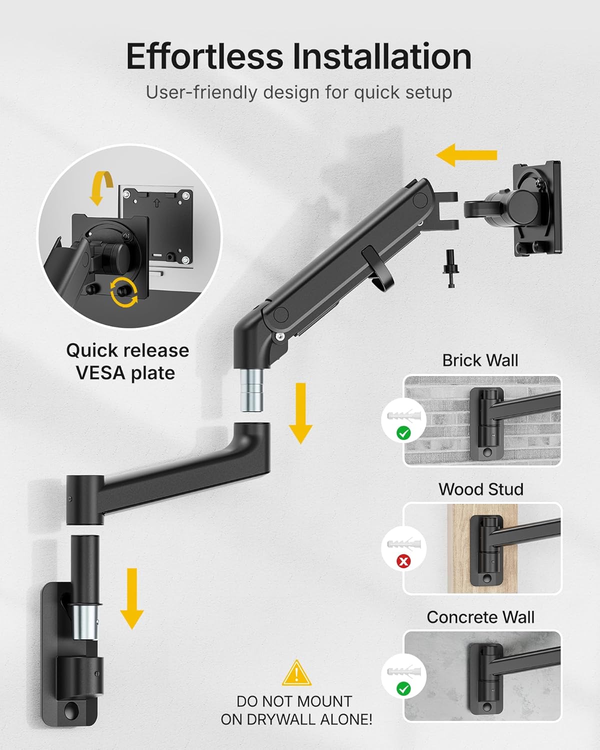 monTEK 17-49 inch Single Monitor Wall Mount for up to 44 lbs Ultrawide Screen, Premium Aluminum Heavy Duty Monitor Arm with Adjustable Gas Spring Arm, 75x75/100x100 VESA Mount, Black