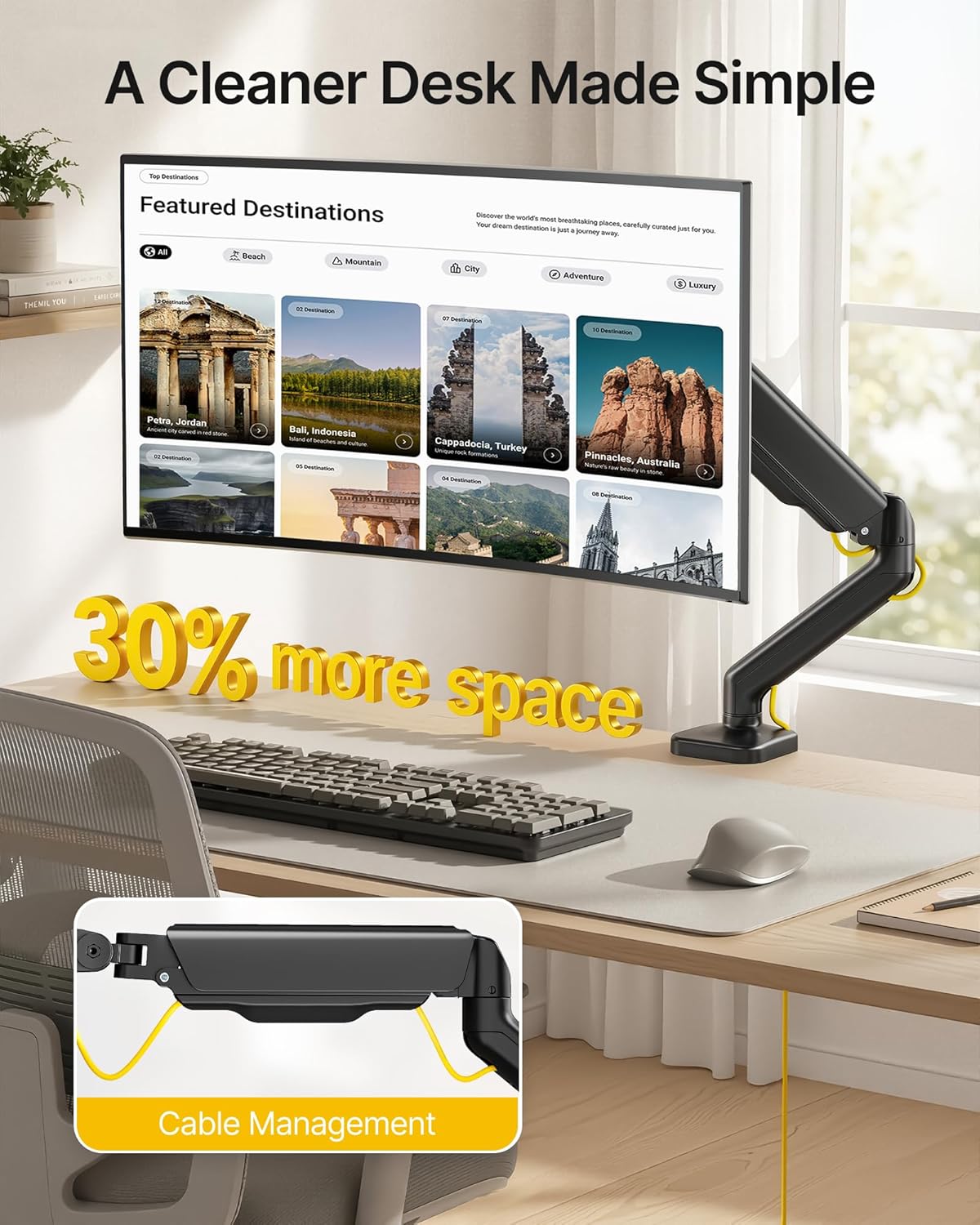 monTEK Heavy Duty Single Monitor Arm for 17-32” Flat/Curved Screens, Premium Mechanical Spring Monitor Arm up to 19.8 lbs, Full Motion Monitor Desk Mount with Quick-Release VESA Plate, Clamp/Grommet