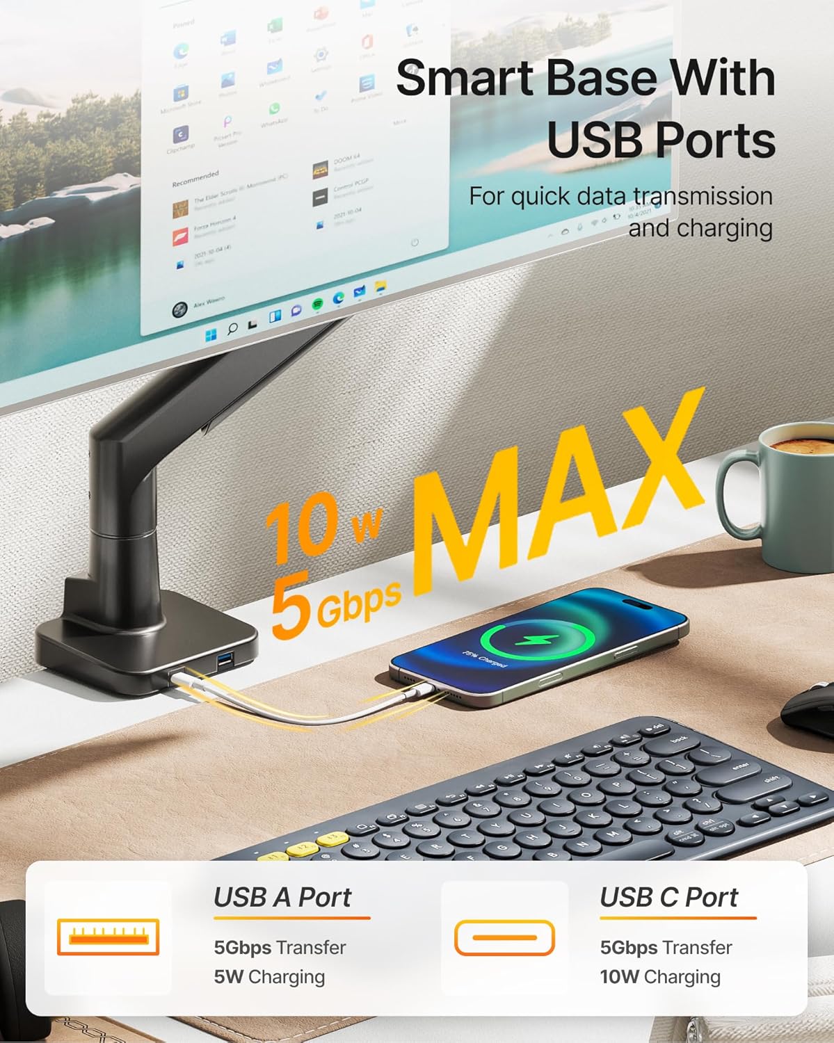 monTEK Premium Aluminum Monitor Arm for 17–57” Ultrawide Screens up to 59 lbs, USB 3.0 Single Desk Mount with Adjustable Gas Spring, Quick-Release Plate, 10-Min Assembly, Clamp/Grommet, VESA 100x100