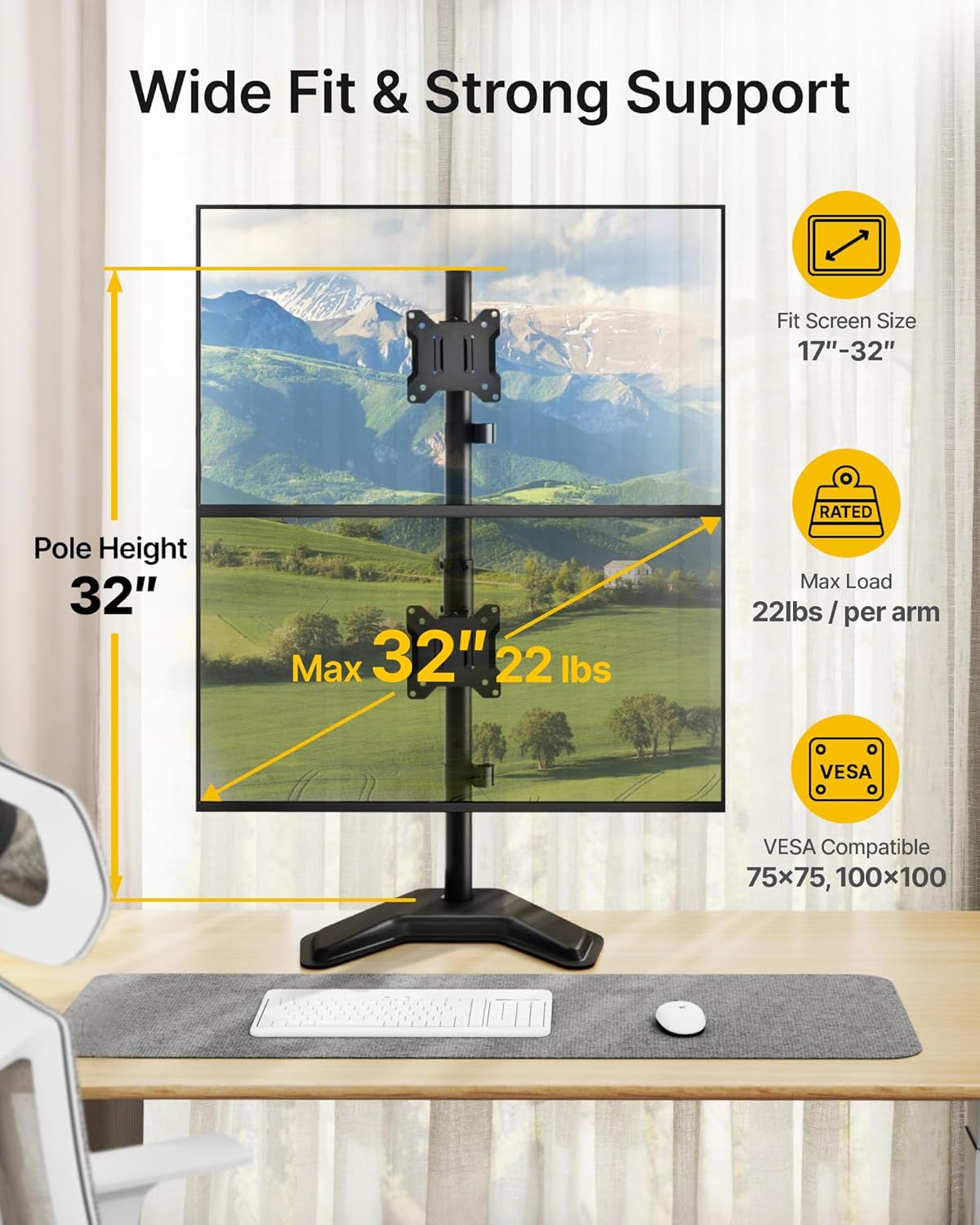 monTEK Stable Stacked Dual Monitor Stand, Heavy-Duty Vertical Monitor Mount for 17-32 inch Screen, Full Motion Arm with Tilt, Swivel, Rotation, Up to 22 lbs per Arm, Solid V-Shaped Base, VESA 100×100