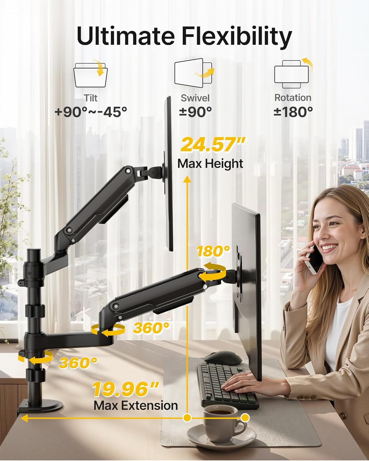 monTEK Vertical Dual Monitor Stand 17-32 Inch, Stacked Monitor Mount for 2 Screens, Full Motion Adjustable with Tilt/Swivel/Rotation, Heavy Duty Steel, VESA 75x75/100x100, Holds up to 19.8 lbs