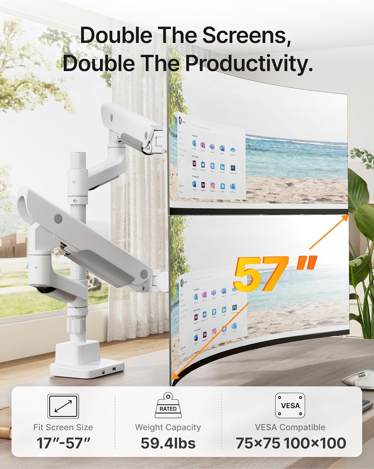 monTEK Premium Aluminum Monitor Arm for 17–57” Ultrawide Screens up to 59 lbs, USB 3.0 Dual Desk Mount with Adjustable Gas Spring, Quick-Release Plate, 10-Min Assembly, Clamp/Grommet, Max VESA 100x100