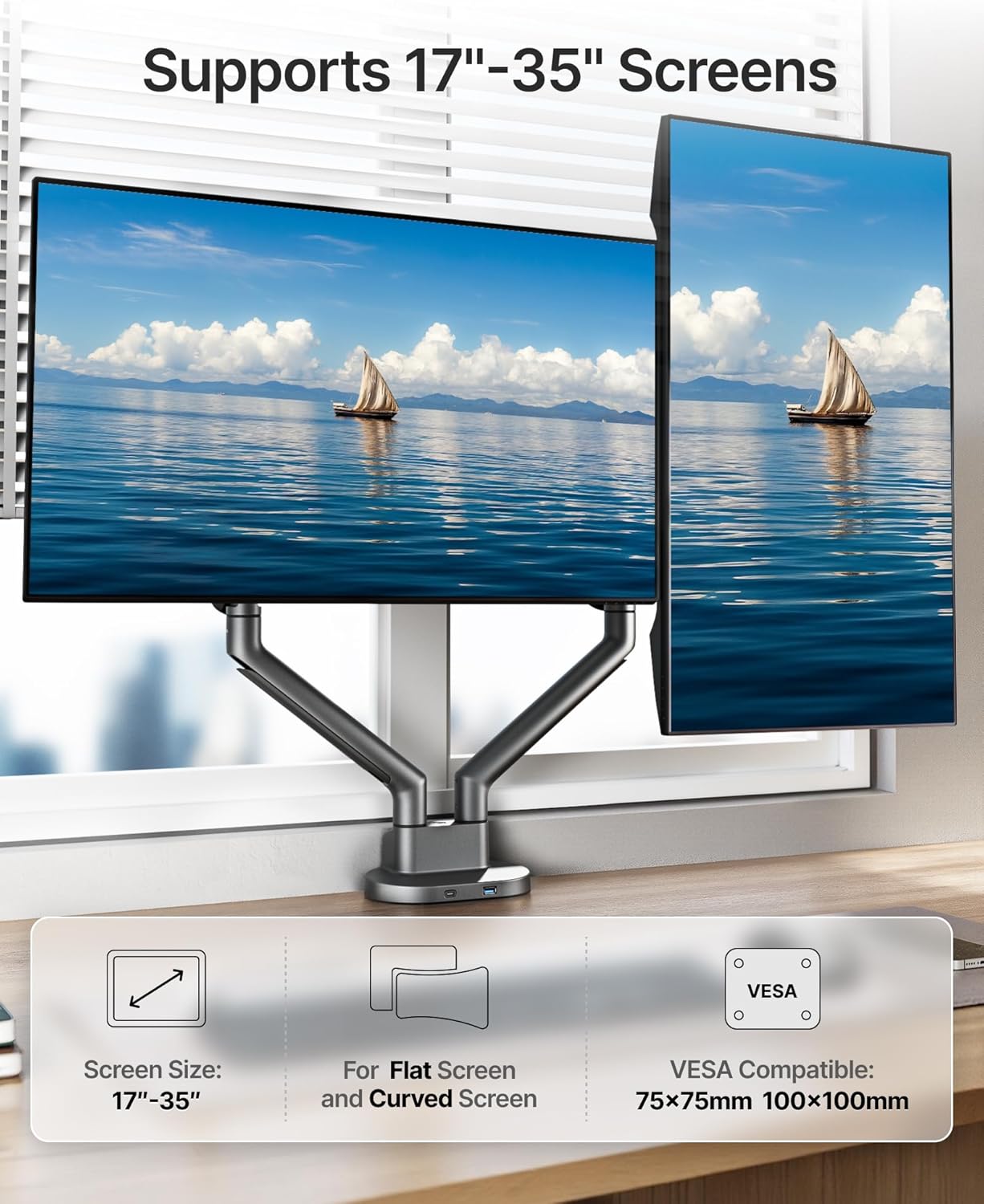 monTEK Dual Monitor Stand Mount with USB for Up to 35" Screens, Each Arm Holds Max 24.3lbs, Full Motion Adjustable Monitor Arm Desk Mount with C-Clamp/Grommet, VESA 75/100mm, Space Gray, MA1010UCDG-D