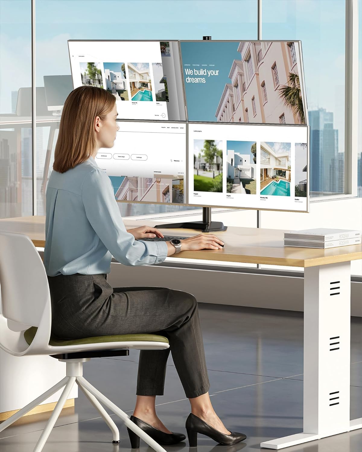 monTEK Stable Quad Monitor Stand, Free Standing Fully Adjustable Desk Mount for 4 Screen up to 17”-32” and 22lbs Capacity Each Arm, Heavy Duty Base, VESA 75x75mm/100x100mm