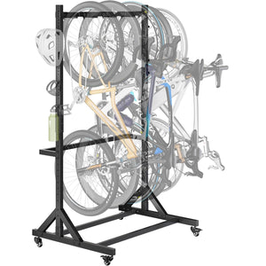 monTEK Freestanding Bike Storage Rack for 5 Bikes, Heavy Duty 350LBS Vertical Bike Stand with 5 Bike Hooks & 6 Helmet Hooks, Indoor and Outdoor Bike Storage Rack with Locking Casters