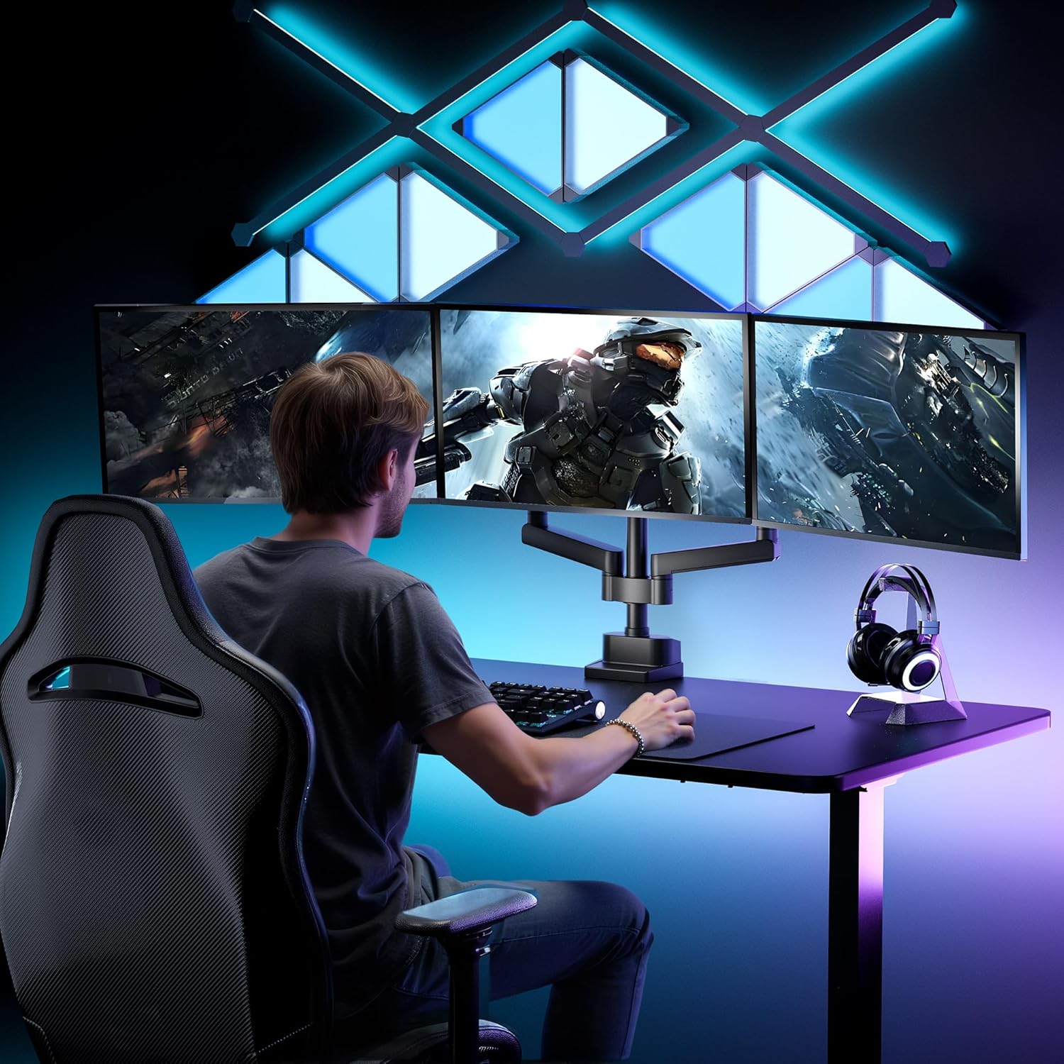 monTEK Triple Monitor Mount for Max 27 inch Computer Screens, 3 Monitor Desk Mount Each Arms Holds up to 19.8lbs, Three Monitors Desk Arm with Swivel, Tilt, Rotation, MA1009PBK-T