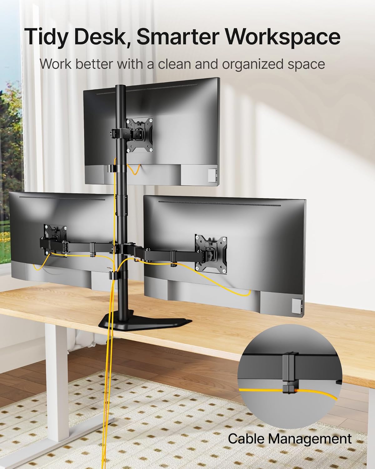 monTEK Stable Triple Monitor Stand, Free Standing Fully Adjustable Desk Mount for 3 Screen up to 17”-32” and 22lbs Capacity Each Arm, Heavy Duty Base, VESA 75x75mm/ 100x100mm