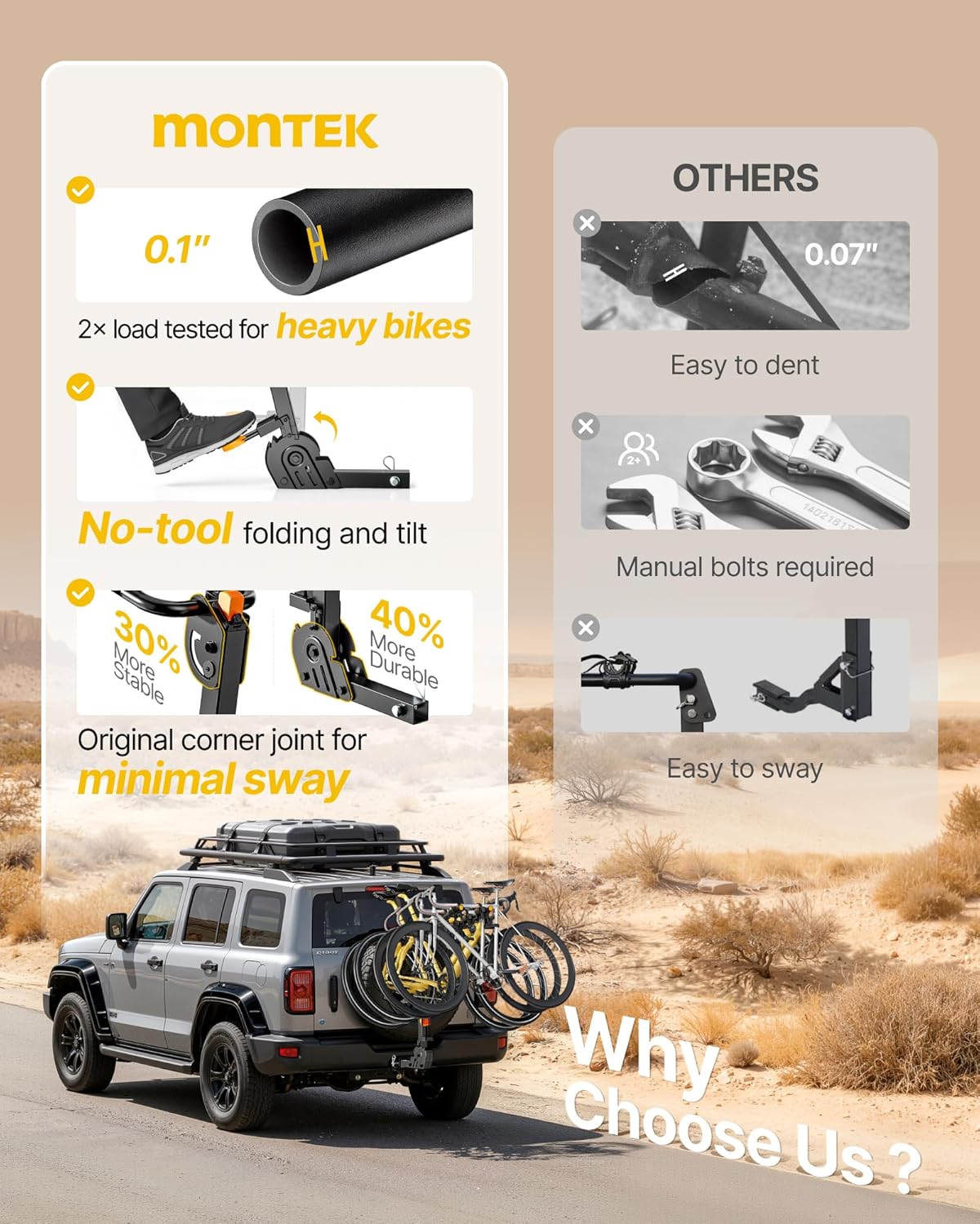 monTEK Premier Locking Quick Release 4-Bike Rack for Cars, Trucks, SUVs with 2” Hitch, Quick Foldable & Tiltable Bike Rack Hitch,3mm Thick Heavy-Duty Steel Frame&High-Secure Straps Hitch Bike Rack