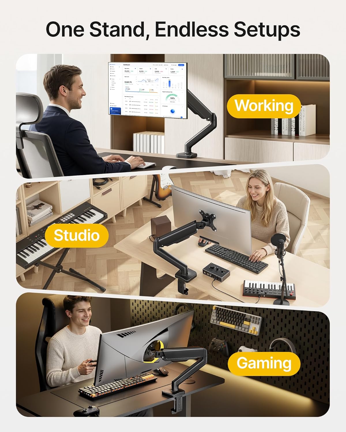 monTEK Heavy Duty Single Monitor Arm for 17-32” Flat/Curved Screens, Premium Mechanical Spring Monitor Arm up to 19.8 lbs, Full Motion Monitor Desk Mount with Quick-Release VESA Plate, Clamp/Grommet