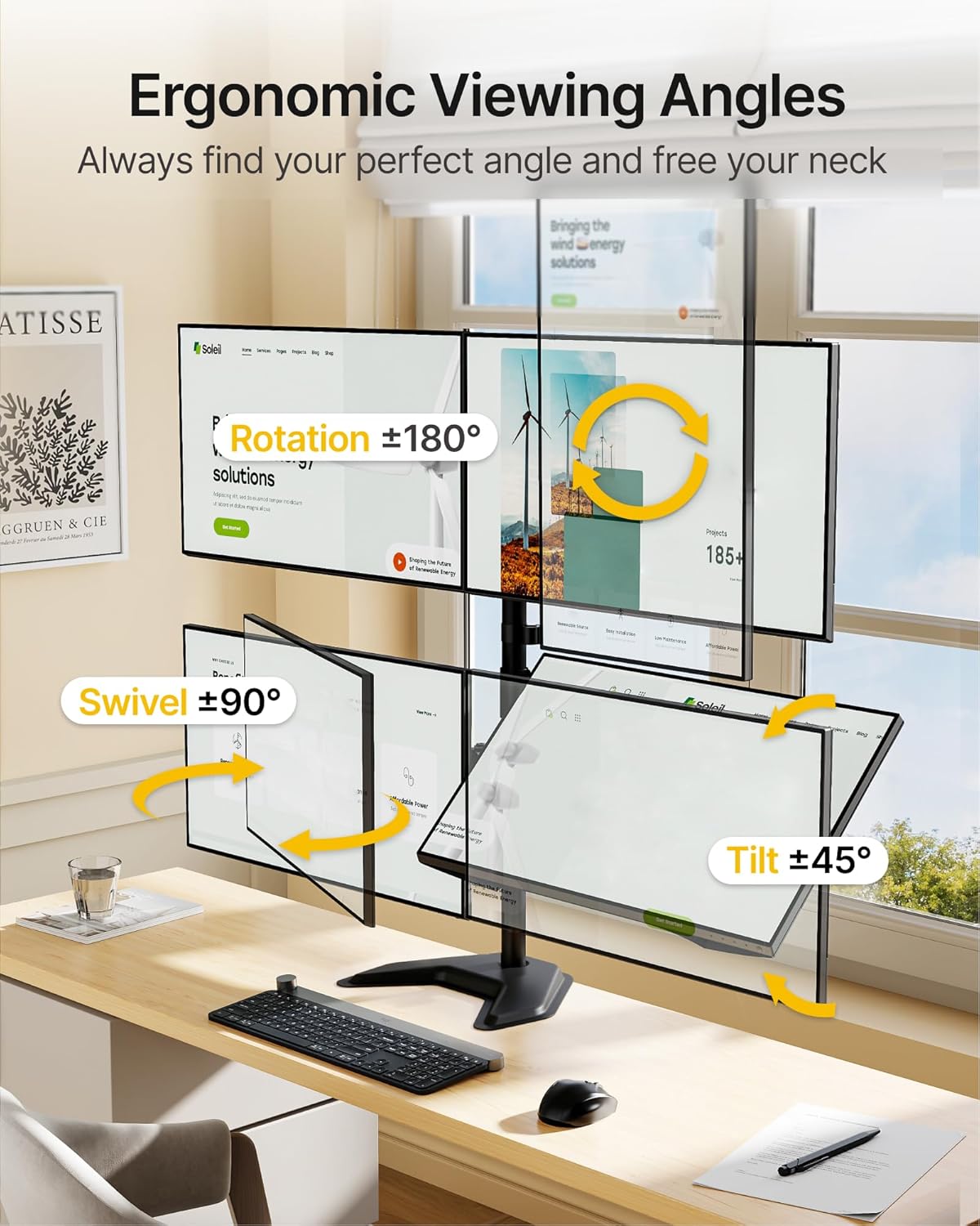 monTEK Stable Quad Monitor Stand, Free Standing Fully Adjustable Desk Mount for 4 Screen up to 17”-32” and 22lbs Capacity Each Arm, Heavy Duty Base, VESA 75x75mm/100x100mm