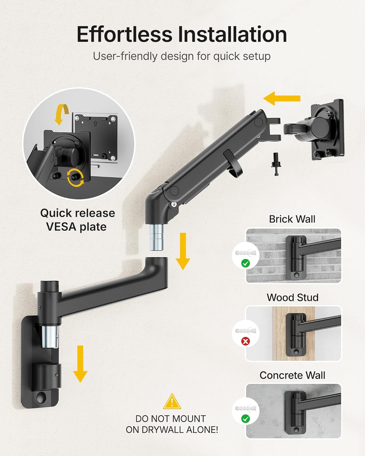 monTEK Monitor Wall Mount for 17-57“ up to 59.4 lbs Ultrawide Screens, Single Heavy-Duty Aluminum Gas Spring Monitor Arm with Full Motion Adjustment, VESA 75x75/100x100 Compatible, Black