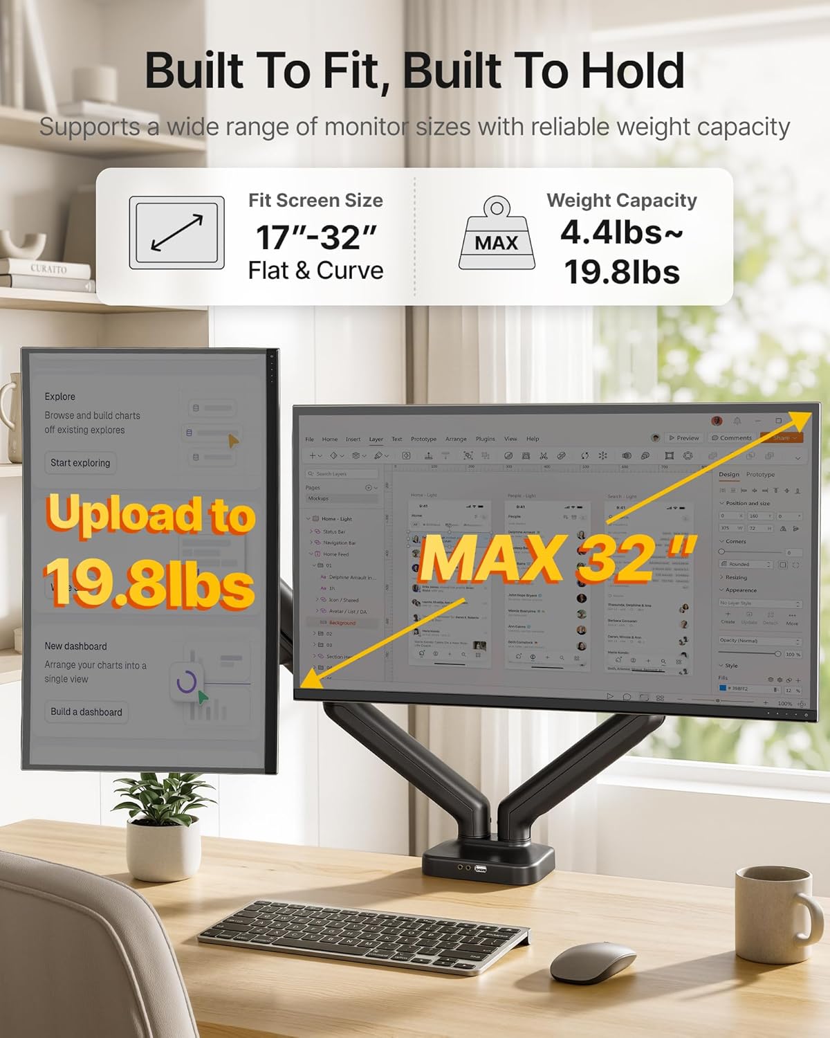 monTEK Heavy Duty Dual Monitor Arm with USB/Audio Ports for 17-32” Screens, Premium Mechanical Spring Monitor Arm up to 19.8 lbs, Full Motion Monitor Desk Mount, VESA 75/100 mm, Clamp/Grommet
