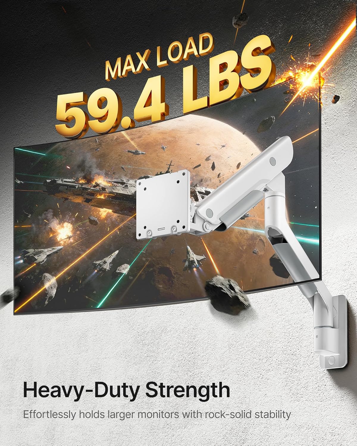 monTEK Heavy-Duty Single Monitor Wall Mount for 17-57” Ultrawide Screens up to 59.4lbs, Premium Aluminum Wall Mount Monitor Arm with Full Motion Adjustment, Pneumatic Lift, Max VESA 100x100